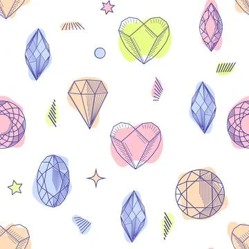 Gemstone crystal seamless pattern. Pastel gems and stars on white background Stock Illustration