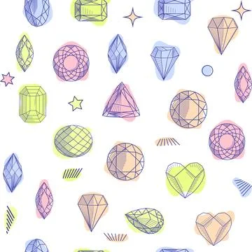 Gemstone crystal seamless pattern. Pastel gems and stars on white background Stock Illustration