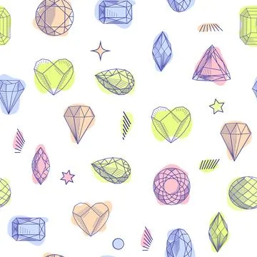 Gemstone crystal seamless pattern. Pastel gems and stars on white background Stock Illustration