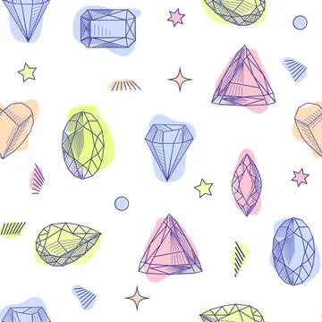 Gemstone crystal seamless pattern. Pastel gems and stars on white background Stock Illustration