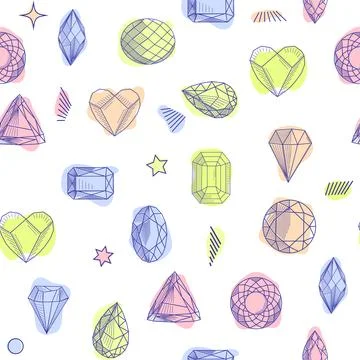 Gemstone crystal seamless pattern. Pastel gems and stars on white background Stock Illustration