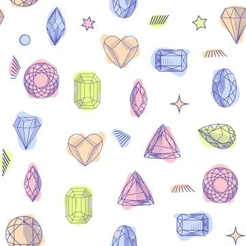 Gemstone crystal seamless pattern. Pastel gems and stars on white background Stock Illustration
