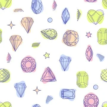 Gemstone crystal seamless pattern. Pastel gems and stars on white background Stock Illustration