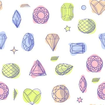 Gemstone crystal seamless pattern. Pastel gems and stars on white background Stock Illustration