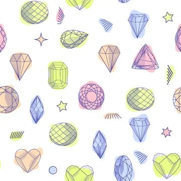 Gemstone crystal seamless pattern. Pastel gems and stars on white background Stock Illustration