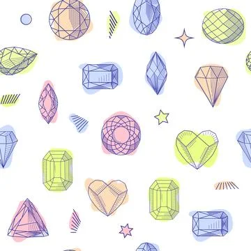 Gemstone crystal seamless pattern. Pastel gems and stars on white background Stock Illustration