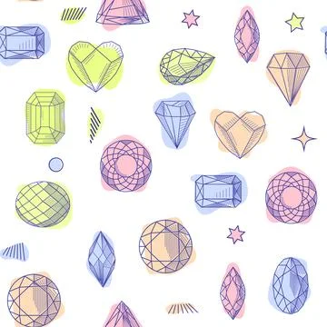 Gemstone crystal seamless pattern. Pastel gems and stars on white background Stock Illustration