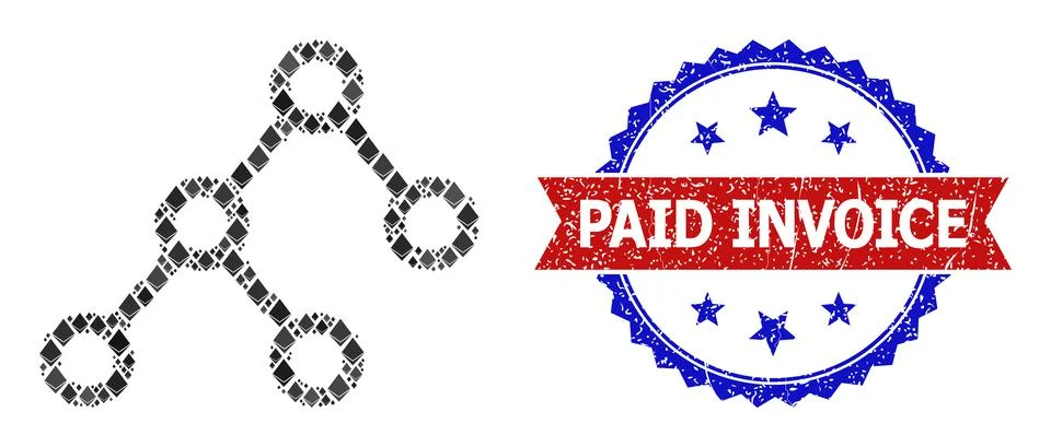 Gemstone Mosaic Binary Connections Icon and Distress Bicolor Paid Invoice Stamp Stock Illustration