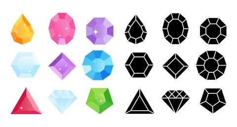 Gemstone vector icon set with diamond ruby sapphire flat color and black Stock Illustration