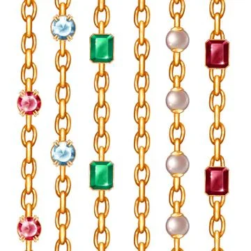 Gemstones and chains seamless patterns. Borders set Stock Illustration