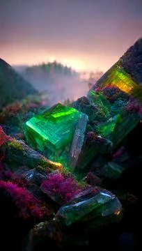 Gemstones and crystals. Emerald or tourmaline green crystals. Mineral crystals Stock Illustration