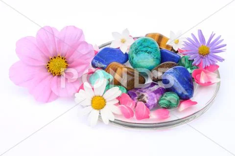 Gemstones and flowers Stock Photos