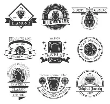 Gemstones Black White Emblems Set Stock Illustration
