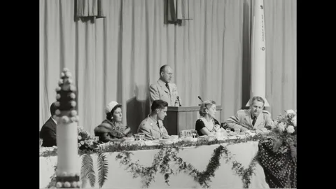 Gen Thomas S. Power Comdr SAC speak good about Gen Hoyt S. Vandenberg - 1958 Stock Footage 101167909