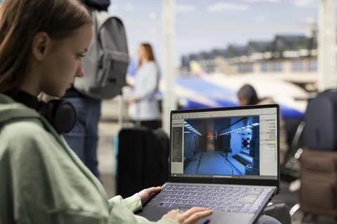 Gen Z game developer, working on video game lobby, in international airport Stock Photos