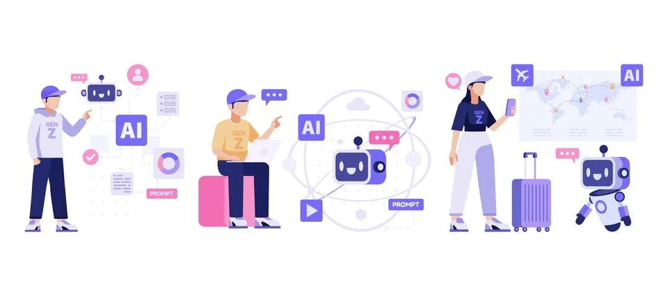 Gen Z Using Artificial Intelligence in Everyday Life and Work Stock Illustration