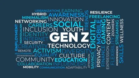Gen Z Word Cloud Design for Education Poster, Youth Culture Print. Gen Z bo.. Stock Illustration