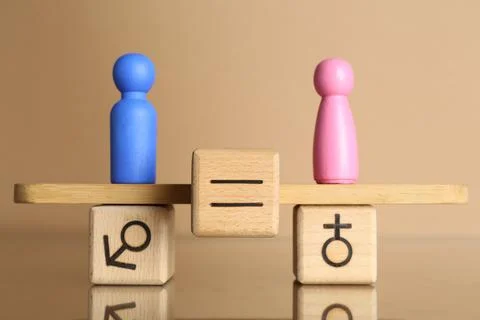 Gender equality concept. Cube with equals sign between male and female figu.. 写真素材