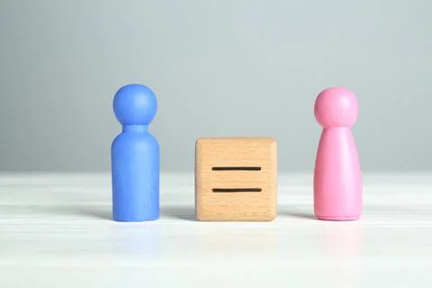 Gender equality concept. Cube with equals sign between male and female figu.. Stock Photos