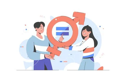 Gender Equality Concept. Equal business man and woman on balance scale Stock Illustration