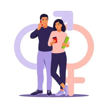 Gender equality concept. Men and women character on the scales for gender equ Stock Illustration