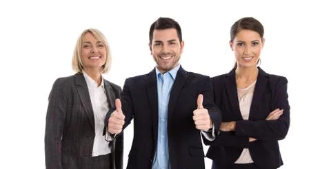 Gender equality: one man with two business woman isolated over white. Stock Photos
