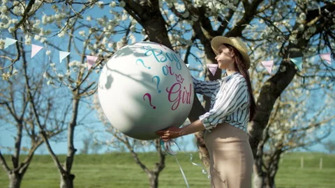 Gender party with a blossoming tree in the background. 4K slow motion Stock Footage 304317087