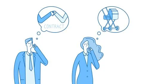 Gender stereotypes thinking. Man thinks about work, woman thinks about family Stock Illustration