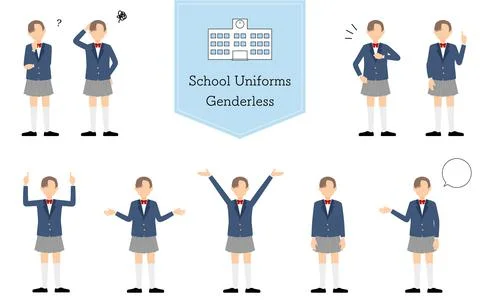 Genderless, blazer uniform pose set,Questioning, worrying, undertaking, Stock Illustration