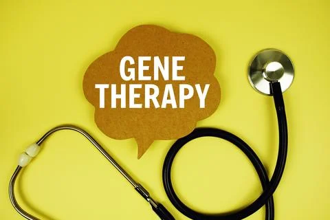 Gene Therapy text message on speech bubble with stethoscope on yellow backg.. Stock Photos