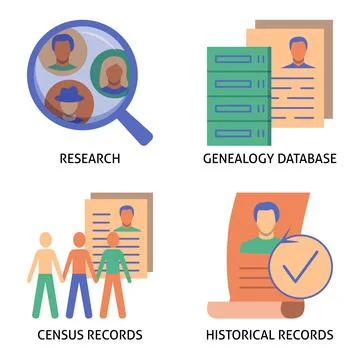 Genealogy database flat icon set Stock Illustration