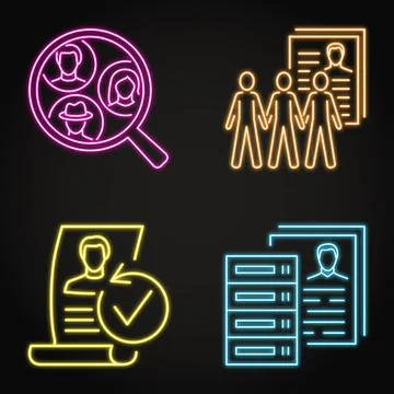 Genealogy database neon icon set Stock Illustration