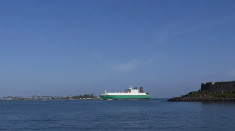General car cargo ship vessel entering bay of San Juan Stock Footage 38503441