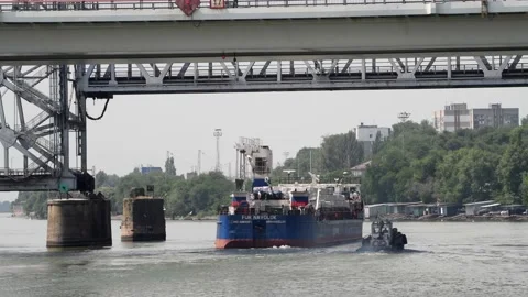 General cargo ship sails under bridge Stock Footage 221706240