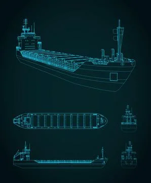 General cargo ship technical drawing and 3D wireframe model on blue backgroun Illustrazione stock