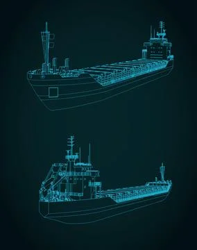 General cargo ship technical drawings on blue background Illustrazione stock