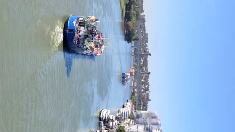 General cargo ships sails on Don river Stock Footage 287096533