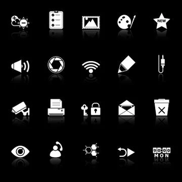 General computer screen icons with reflect on black background Stock Illustration