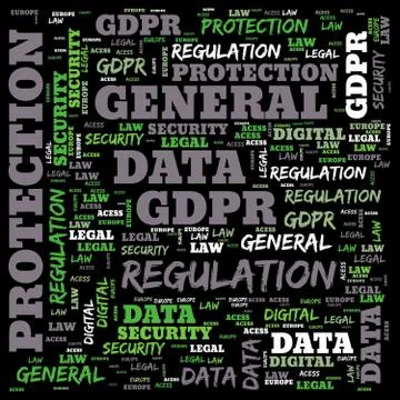 General Data Protection Regulation, GDPR, word cloud concept security on blac Stock Illustration
