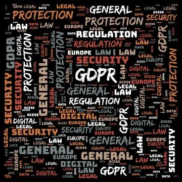 General Data Protection Regulation, GDPR, word cloud concept security on blac Stock Illustration