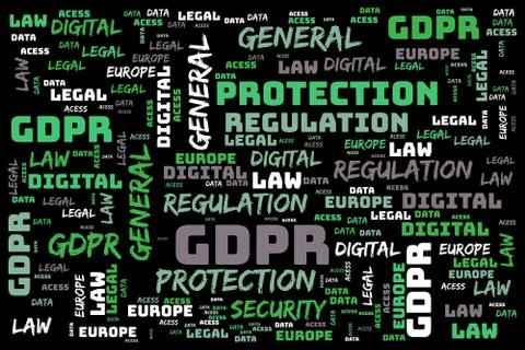 General Data Protection Regulation, GDPR, word cloud concept security on blac Stock Illustration