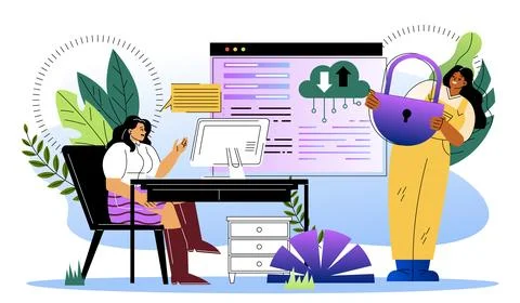 General data security. Women with padlock near cloud service. Storage and Stock Illustration