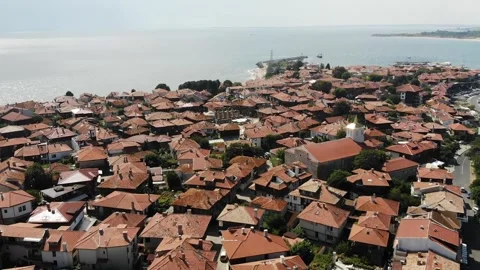 General drone view of Nessebar, ancient city on the Black Sea coast Bulgaria Stock Footage 266517039