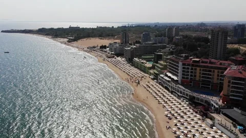 General drone view of new Nessebar, beaches, hotels and sunbeds on Black Sea Video stock 266809351
