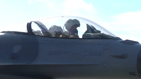 General Dynamics F-16 Fighting Falcon aircraft prepares to takeoff - 2016 Stock Footage 88628642