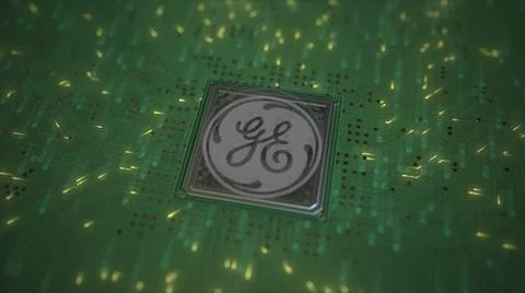 GENERAL ELECTRIC logo on the chip on computer board. Conceptual editorial 3d Stock Illustration