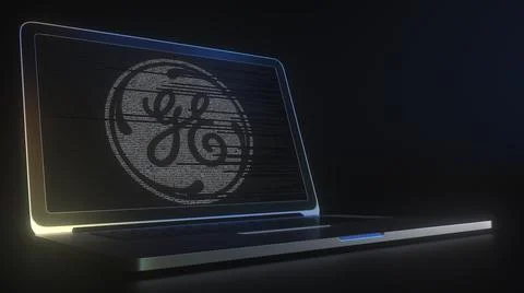 GENERAL ELECTRIC logo made with computer code on the laptop screen. Editorial Stock Illustration