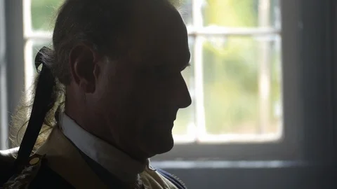 General George Washington in war, commander, sits in profile Stock Footage 116909192