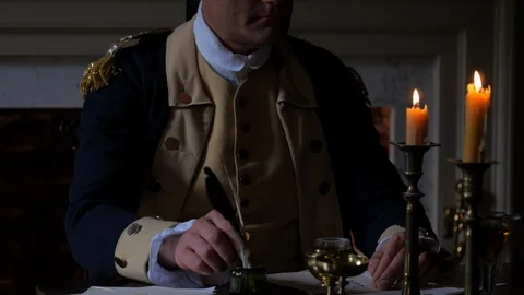 General George Washington writes orders in his Revolutionary War HQ Stock Footage 105383331