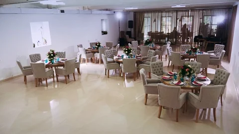 General interior plan of the restaurant with a flower decor Stock Footage 97720732